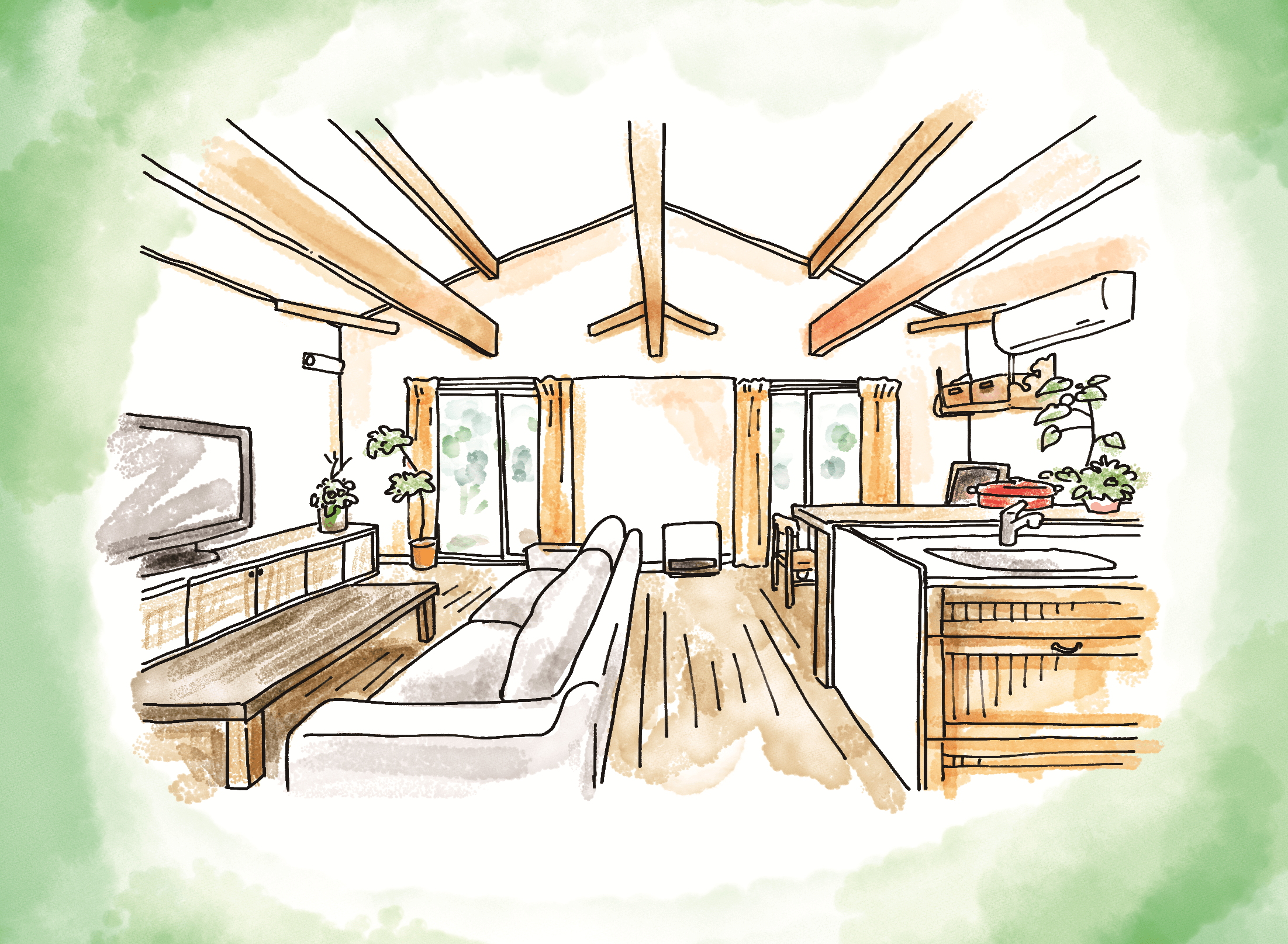 天井の木梁や広々としたリビング、キッチンが描かれた快適な空間のイラスト。